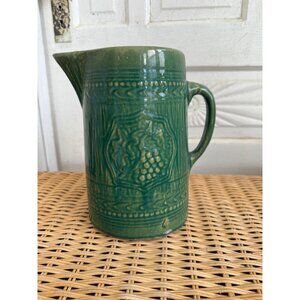 Antique 20's McCoy Green Pottery Tankard Pitcher Raised Grape Design